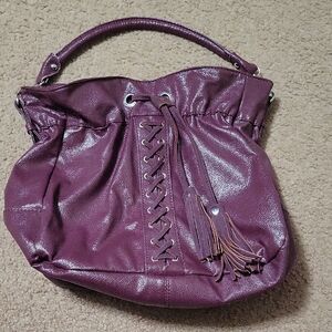 Cato Women’s Eggplant Handbag with Leather Braided Detail & Tassels